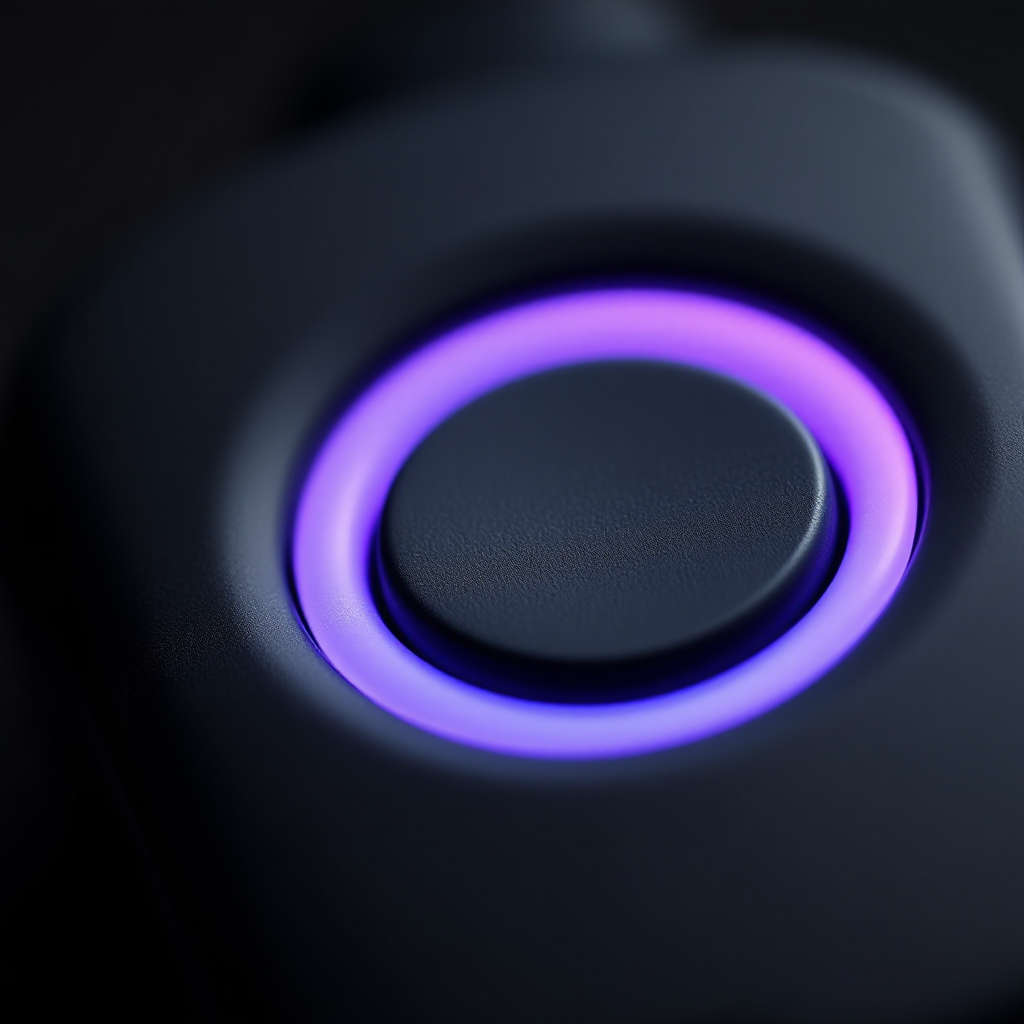 Close-up of the KalmPulse device showing the single button and glowing violet light ring