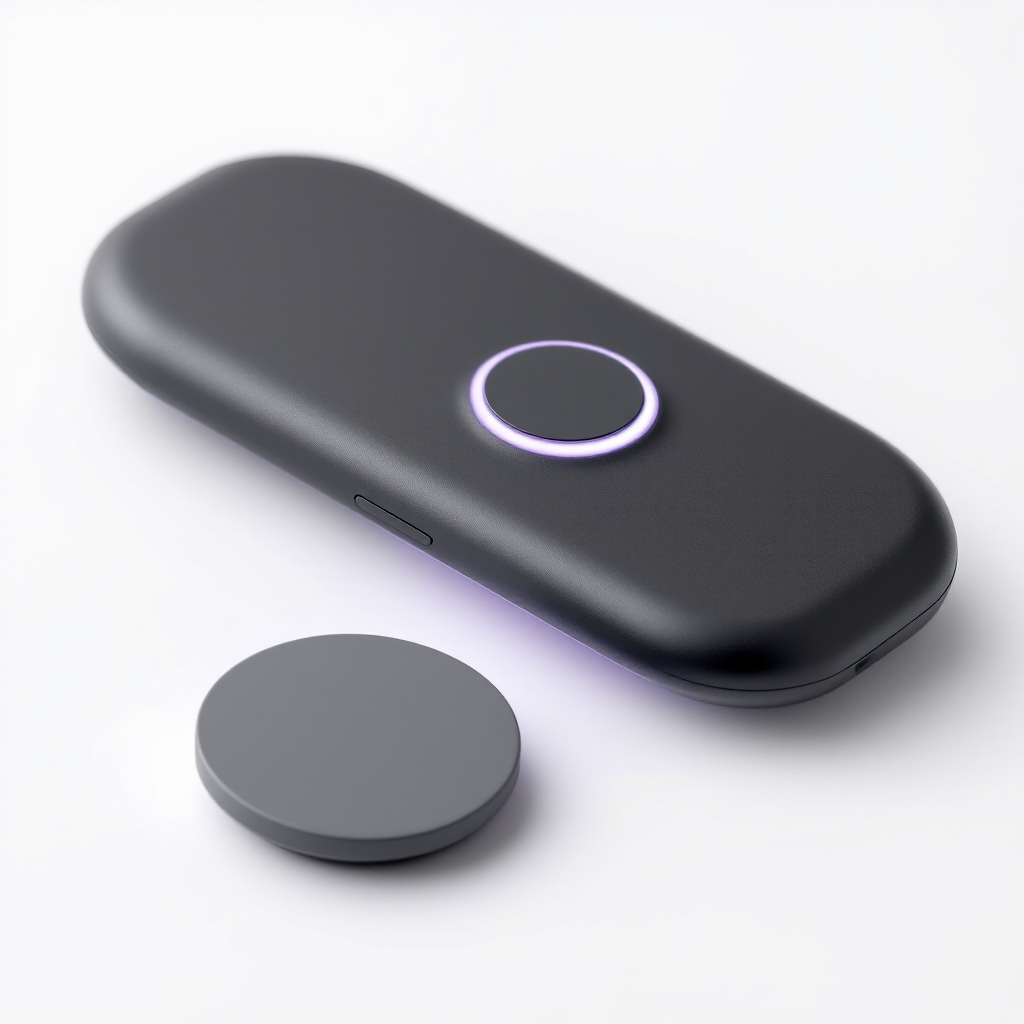 KalmPulse wireless TENS device with a soft violet glow ring resting on a hand